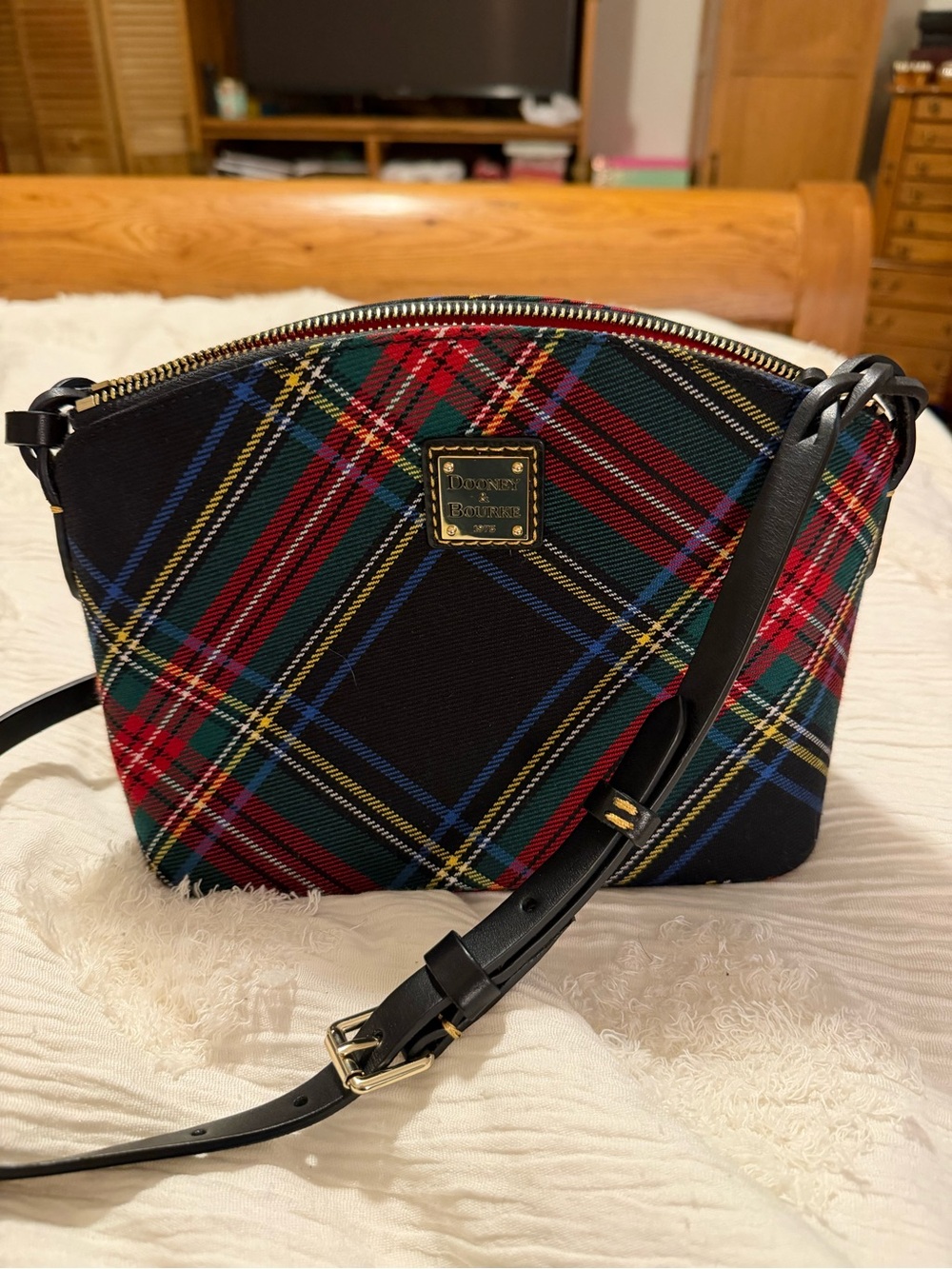 Dooney & Bourke Black Red Green Tartan Crossbody Bag